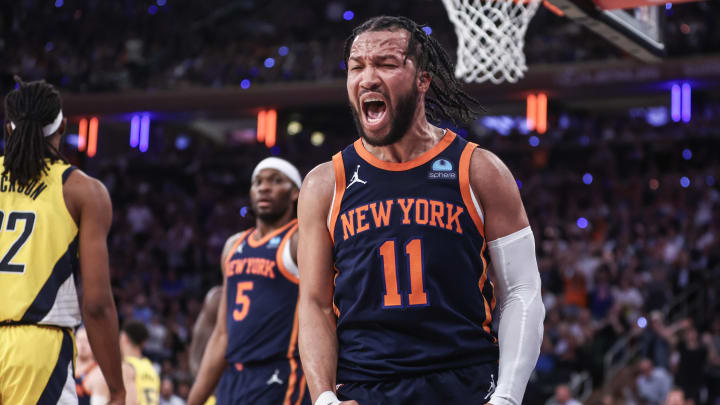 May 8, 2024; New York, New York, USA; New York Knicks guard Jalen Brunson (11) celebrates in the fourth quarter  after scoring against the Indiana Pacers during game two of the second round for the 2024 NBA playoffs at Madison Square Garden. Mandatory Credit: Wendell Cruz-USA TODAY Sports