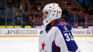 CSKA Hockey Club player, Dmitry Gamzin (33) seen in action...