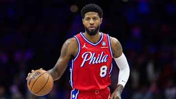 Jan 10, 2025; Philadelphia, Pennsylvania, USA; Philadelphia 76ers forward Paul George (8) dribbles the ball against the New Orleans Pelicans during the first quarter at Wells Fargo Center. Mandatory Credit: Bill Streicher-Imagn Images