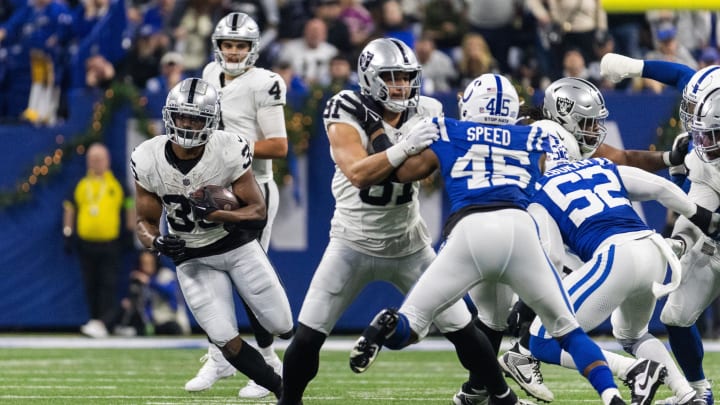 Dec 31, 2023; Indianapolis, Indiana, USA; Las Vegas Raiders running back Zamir White (35) runs the ball in the first half against the Indianapolis Colts at Lucas Oil Stadium. Mandatory Credit: Trevor Ruszkowski-USA TODAY Sports