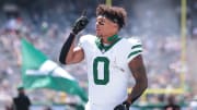 Aug 10, 2024; East Rutherford, New Jersey, USA; New York Jets running back Braelon Allen (0) before the game against the Washington Commanders at MetLife Stadium. Mandatory Credit: Vincent Carchietta-USA TODAY Sports