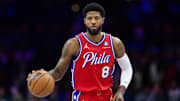 Jan 10, 2025; Philadelphia, Pennsylvania, USA; Philadelphia 76ers forward Paul George (8) dribbles the ball against the New Orleans Pelicans during the first quarter at Wells Fargo Center. Mandatory Credit: Bill Streicher-Imagn Images