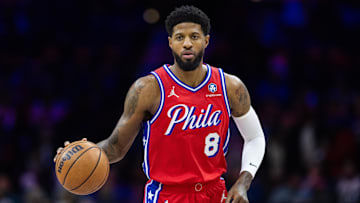 Jan 10, 2025; Philadelphia, Pennsylvania, USA; Philadelphia 76ers forward Paul George (8) dribbles the ball against the New Orleans Pelicans during the first quarter at Wells Fargo Center. Mandatory Credit: Bill Streicher-Imagn Images