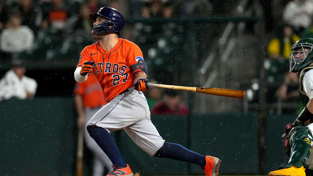 Sep 24, 2025; West Sacramento, California, USA; Houston Astros second baseman Jose Altuve (27) hits a fly ball against the Athletics in the sixth inning at Sutter Health Park. Sep 24, 2025; West Sacramento, California, USA; Houston Astros second baseman Jose Altuve (27) hits a fly ball against the Athletics in the sixth inning at Sutter Health Park.
