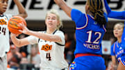 Oklahoma State Cowgirls guard Anna Gret Asi (4) passes the ball beside Kansas Jayhawks guard S'Mya Nichols (12) during a women's BIG 12 basketball game between the Oklahoma State University Cowgirls (OSU) and the Kansas Jayhawks at Gallagher-Iba Arena in Stillwater, Okla., Saturday, Jan. 4, 2025.