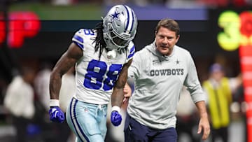 Nov 3, 2024; Atlanta, Georgia, USA; Dallas Cowboys wide receiver CeeDee Lamb (88) leaves the game with an injury against the Atlanta Falcons in the fourth quarter at Mercedes-Benz Stadium.