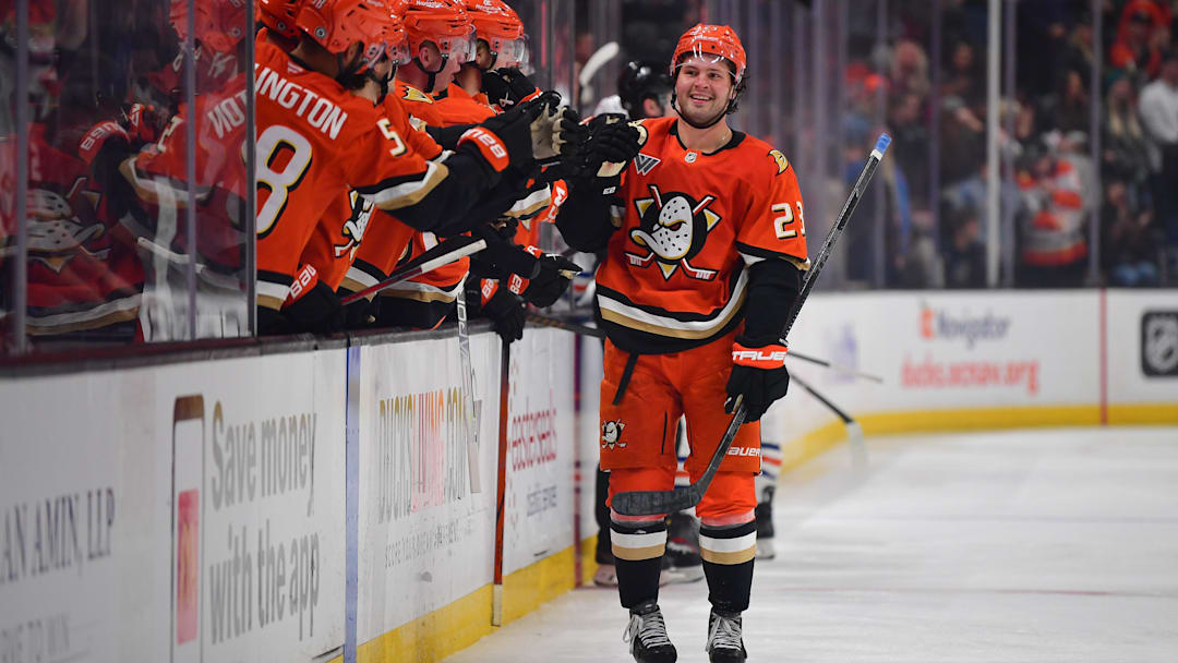 Apr 7, 2025; Anaheim, California, USA; Anaheim Ducks center Mason McTavish (23) celebrates his goal scored against the Edmonton Oilers during the third period at Honda Center. Mandatory Credit: Gary A. Vasquez-Imagn Images