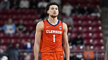 Mar 5, 2025; Chestnut Hill, Massachusetts, USA; Clemson Tigers guard Chase Hunter (1)  looks on during the second half against the Boston College Eagles at Conte Forum. Mandatory Credit: Eric Canha-Imagn Images