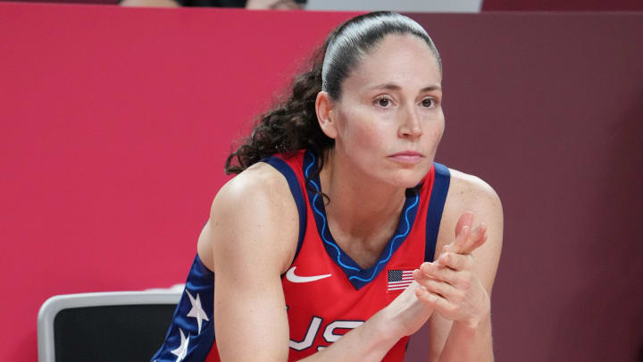 Jul 27, 2021; Saitama, Japan; USA player Sue Bird (6) is seen on the bench as USA plays Nigeria during the Tokyo 2020 Olympic Summer Games at Saitama Super Arena. Mandatory Credit: Kyle Terada-USA TODAY Sports