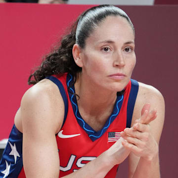 Jul 27, 2021; Saitama, Japan; USA player Sue Bird (6) is seen on the bench as USA plays Nigeria during the Tokyo 2020 Olympic Summer Games at Saitama Super Arena. Mandatory Credit: Kyle Terada-Imagn Images