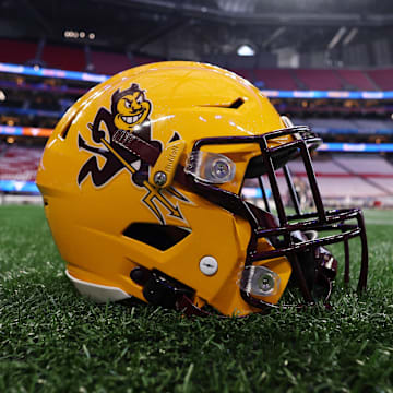 Jan 1, 2025; Atlanta, GA, USA; A detail view of an Arizona State Sun Devils helmet before the Peach Bowl at Mercedes-Benz Stadium. Mandatory Credit: Brett Davis-Imagn Images