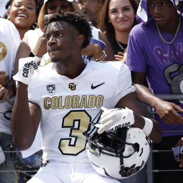 Sep 2, 2023; Fort Worth, Texas, USA; Colorado Buffaloes running back Dylan Edwards (3) celebrates with fans after the game against the TCU Horned Frogs at Amon G. Carter Stadium. Mandatory Credit: Tim Heitman-USA TODAY Sports