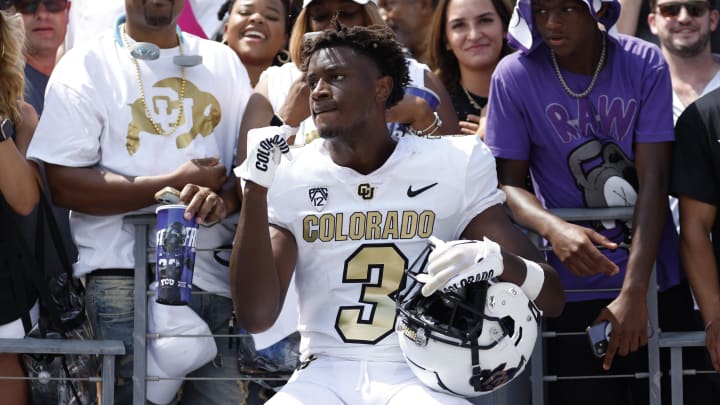 Sep 2, 2023; Fort Worth, Texas, USA; Colorado Buffaloes running back Dylan Edwards (3) celebrates with fans after the game against the TCU Horned Frogs at Amon G. Carter Stadium. Mandatory Credit: Tim Heitman-USA TODAY Sports