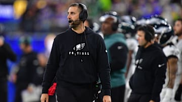 Nov 24, 2024; Inglewood, California, USA; Philadelphia Eagles head coach Nick Sirianni watches game action against the Los Angeles Rams during the second half at SoFi Stadium. Mandatory Credit: Gary A. Vasquez-Imagn Images