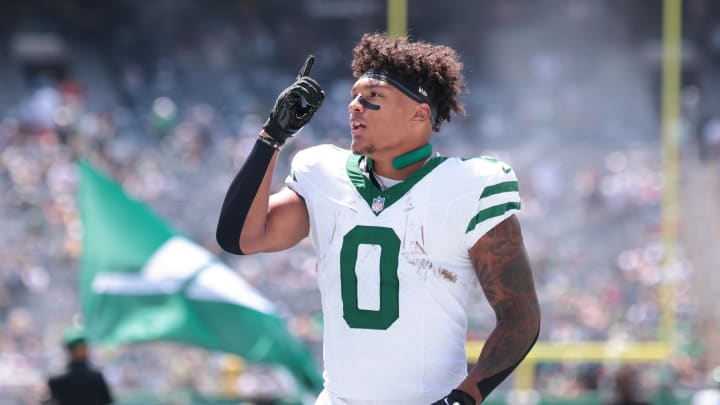 Aug 10, 2024; East Rutherford, New Jersey, USA; New York Jets running back Braelon Allen (0) before the game against the Washington Commanders at MetLife Stadium. Mandatory Credit: Vincent Carchietta-USA TODAY Sports