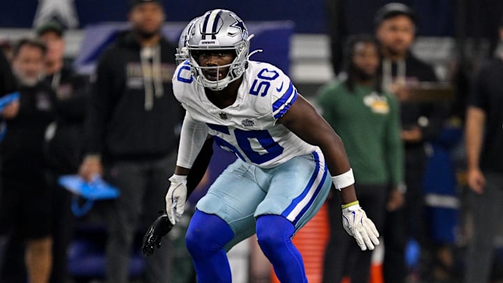 Sep 28, 2025; Arlington, Texas, USA; Dallas Cowboys linebacker Shemar James (50) lines up during the game between the Dallas Cowboys and the Green Bay Packers at AT&T Stadium. Mandatory Credit: Jerome Miron-Imagn Images