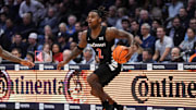 Dec 3, 2024; Villanova, Pennsylvania, USA; Cincinnati Bearcats guard Jizzle James (2) controls the ball against the Villanova Wildcats in the first half at William B. Finneran Pavilion. Mandatory Credit: Kyle Ross-Imagn Images