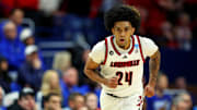 Mar 20, 2025; Lexington, KY, USA; Louisville Cardinals guard Chucky Hepburn (24) reacts after a play during the first half against the Creighton Bluejays in the first round of the NCAA Tournament at Rupp Arena. Mandatory Credit: Jordan Prather-Imagn Images