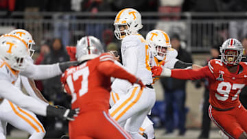 Tennessee quarterback Nico Iamaleava (8) looks for an open receiver during the NCAA college football playoff game against Ohio State on Saturday, Dec. 21, 2024, in Columbus, Ohio.