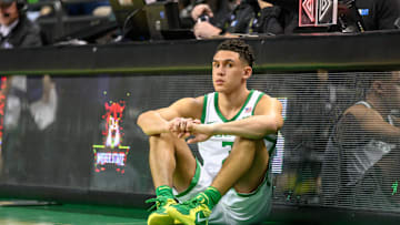 Dec 29, 2024; Eugene, Oregon, USA; Oregon Ducks guard Jackson Shelstad (3) waits to check into the game against the Weber State Wildcats during the second half at Matthew Knight Arena. Mandatory Credit: Craig Strobeck-Imagn Images