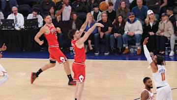 Nov 2, 2025; New York, New York, USA; Chicago Bulls guard Josh Giddey (3) shoots the ball during the first quarter as New York Knicks guard Jalen Brunson (11) defends at Madison Square Garden. Mandatory Credit: Vincent Carchietta-Imagn Images