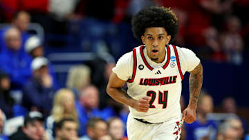 Mar 20, 2025; Lexington, KY, USA; Louisville Cardinals guard Chucky Hepburn (24) reacts after a play during the first half against the Creighton Bluejays in the first round of the NCAA Tournament at Rupp Arena. Mandatory Credit: Jordan Prather-Imagn Images