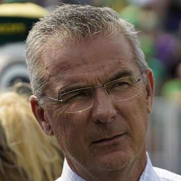 Former Ohio State Coach Urban Meyer on the sideline during the first half of a game between the Northwestern Wildcats and the Oregon Ducks at Northwestern Medicine Field at Martin Stadium.
