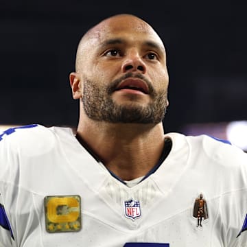 Dallas Cowboys quarterback Dak Prescott looks on before the game against the Arizona Cardinals at AT&T Stadium.