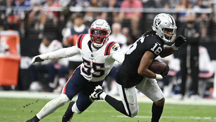 Oct 15, 2023; Paradise, Nevada, USA; New England Patriots linebacker Josh Uche (55) tries to tackle