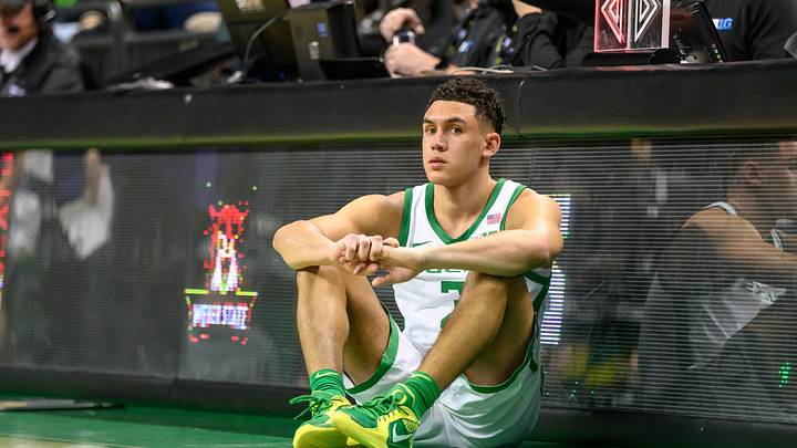 Dec 29, 2024; Eugene, Oregon, USA; Oregon Ducks guard Jackson Shelstad (3) waits to check into the game against the Weber State Wildcats during the second half at Matthew Knight Arena. Mandatory Credit: Craig Strobeck-Imagn Images