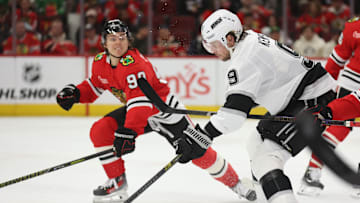 Mar 20, 2025; Chicago, Illinois, USA;  Los Angeles Kings right wing Adrian Kempe (9) skates with the puck against Chicago Blackhawks during the second period at United Center. Mandatory Credit: Talia Sprague-Imagn Images