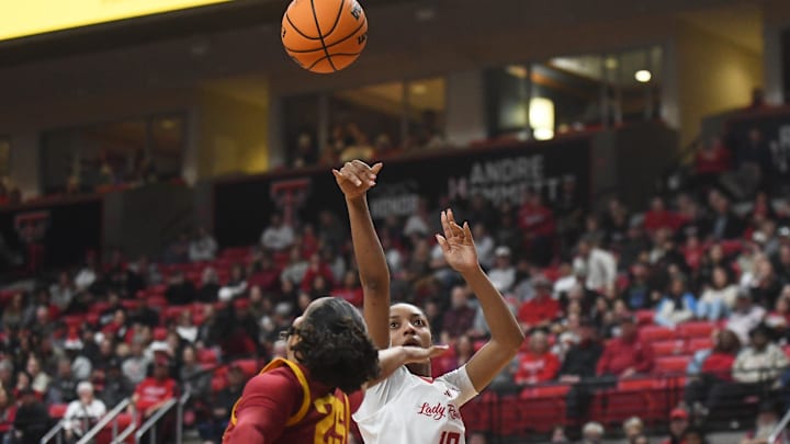 Texas Tech's Sidney Love shoots against Iowa State in a Big 12 women's basketball game Wednesday, Jan. 28, 2026, at United Supermarkets Arena.