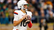 Virginia quarterback Anthony Colandrea (10) looks for an open receiver during a NCAA college football game against Notre Dame at Notre Dame Stadium on Saturday, Nov. 16, 2024, in South Bend.