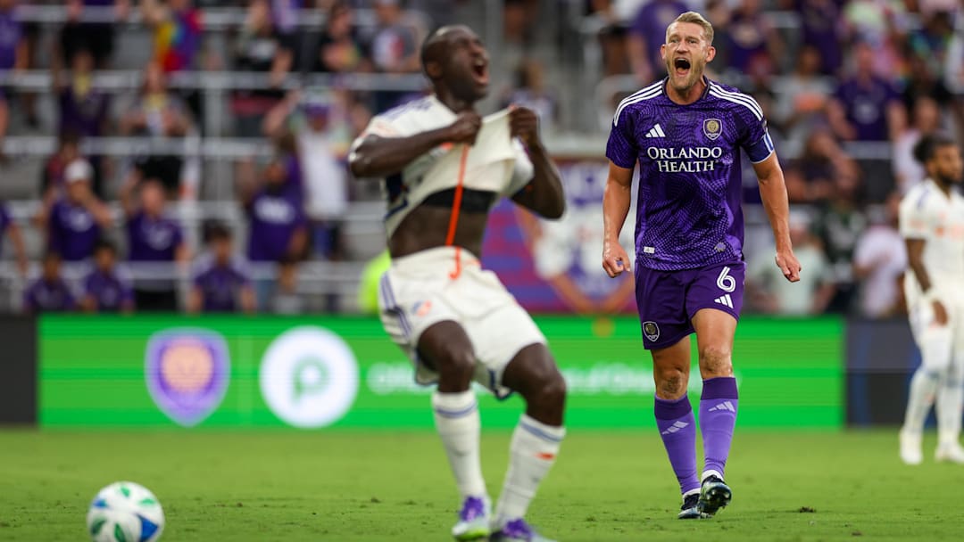 Jun 28, 2025; Orlando, Florida, USA; Orlando City defender Robin Jansson (6) reacts after a foul by FC Cincinnati forward Kevin Denkey (9) in the first half at Inter&Co Stadium. Mandatory Credit: Nathan Ray Seebeck-Imagn Images