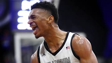 Millennium forward Cameron Holmes (3) reacts after dunking against Sunnyslope during a game at Millennium High School in Goodyear on Jan. 23, 2025.