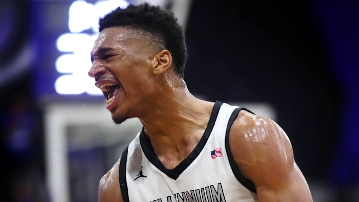 Millennium forward Cameron Holmes (3) reacts after dunking against Sunnyslope during a game at Millennium High School in Goodyear on Jan. 23, 2025.