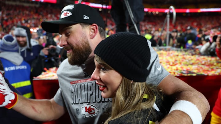 Travis Kelce and Taylor Swift after the AFC championship. Travis Kelce and Taylor Swift after the AFC championship.