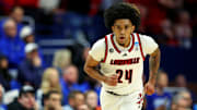 Mar 20, 2025; Lexington, KY, USA; Louisville Cardinals guard Chucky Hepburn (24) reacts after a play during the first half against the Creighton Bluejays in the first round of the NCAA Tournament at Rupp Arena. Mandatory Credit: Jordan Prather-Imagn Images