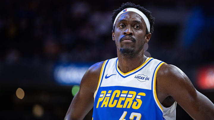 Dec 31, 2025; Indianapolis, Indiana, USA;  Indiana Pacers forward Pascal Siakam (43) in the first half against the Orlando Magic at Gainbridge Fieldhouse. Mandatory Credit: Trevor Ruszkowski-Imagn Images