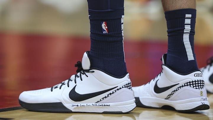 Oct 10, 2023; Houston, Texas, USA; View of the shoes of Indiana Pacers center Daniel Theis (27) during the game against the Houston Rockets at Toyota Center. Mandatory Credit: Troy Taormina-Imagn Images