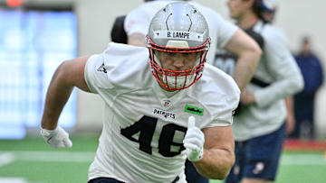 May 9, 2025; Foxborough, MA, USA; New England Patriots fullback Brock Lampe (46) practices during rookie camp at Gillette Stadium. Mandatory Credit: Eric Canha-Imagn Images