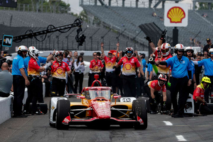 Team Penske driver Josef Newgarden wins the Pit Stop Challenge ahead of the 109th running of the Indianapolis 500 at Indianap