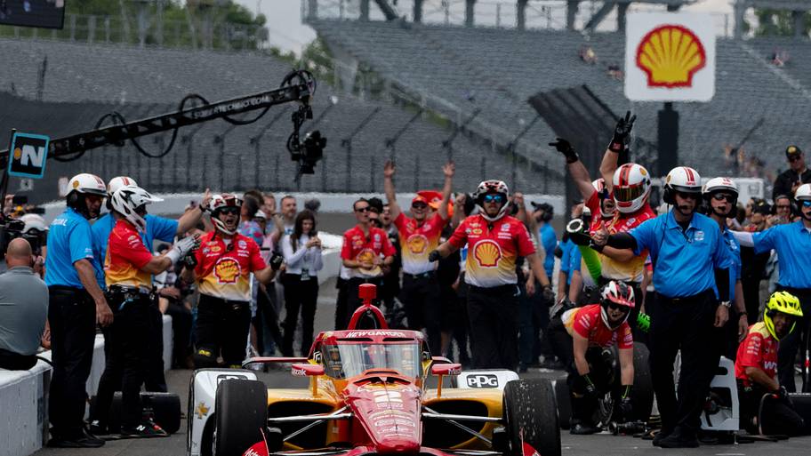Team Penske driver Josef Newgarden wins the Pit Stop Challenge ahead of the 109th running of the Indianapolis 500 at Indianap