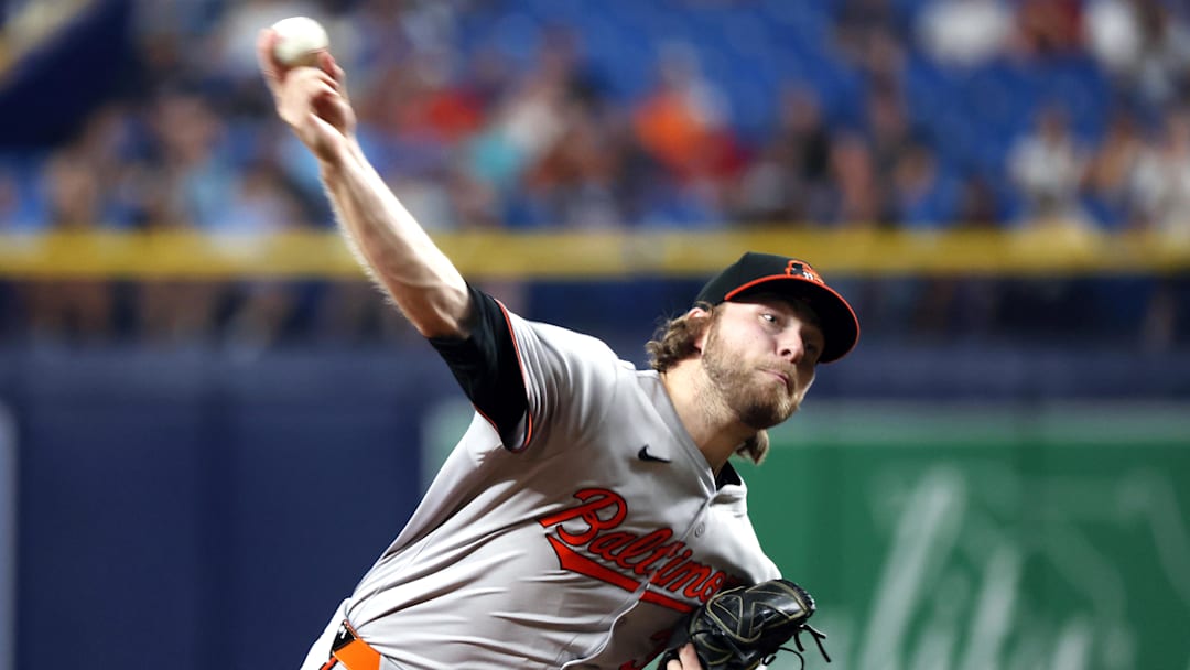 Jun 10, 2024; St. Petersburg, Florida, USA; Baltimore Orioles pitcher Corbin Burnes (39) throws a pitch against the Tampa Bay Rays during the seventh inning at Tropicana Field.