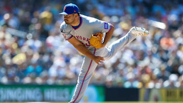 Jul 30, 2025; San Diego, California, USA; New York Mets relief pitcher Rico Garcia (50) throws a pitch during the eighth inning against the San Diego Padres at Petco Park. Mandatory Credit: David Frerker-Imagn Images
