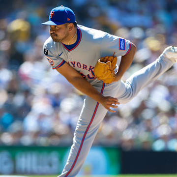 Jul 30, 2025; San Diego, California, USA; New York Mets relief pitcher Rico Garcia (50) throws a pitch during the eighth inning against the San Diego Padres at Petco Park. Mandatory Credit: David Frerker-Imagn Images
