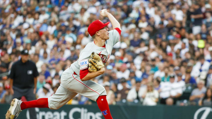 Aug 3, 2024; Seattle, Washington, USA; Philadelphia Phillies starting pitcher Kolby Allard (49) throws against the Seattle Mariners during the fifth inning at T-Mobile Park.