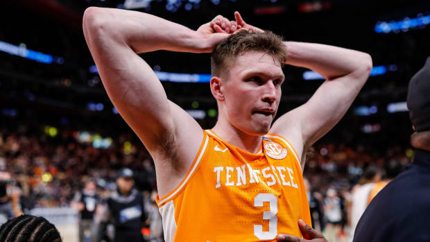 Tennessee guard Dalton Knecht (3) reacts to 72-66 loss to Purdue at the NCAA tournament Midwest Regional Elite 8 round at Little Caesars Arena in Detroit on Sunday, March 31, 2024.