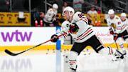 Apr 16, 2024; Las Vegas, Nevada, USA; Chicago Blackhawks center Tyler Johnson (90) warms up before a game against the Vegas Golden Knights at T-Mobile Arena. Mandatory Credit: Stephen R. Sylvanie-Imagn Images