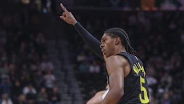 Oct 29, 2024; Salt Lake City, Utah, USA; Utah Jazz forward Cody Williams (5) reacts to making a three point shot against the Sacramento Kings during the fourth quarter at Delta Center. Mandatory Credit: Rob Gray-Imagn Images